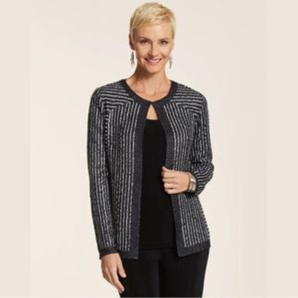 Chico’s Travelers Collection Crushed Stripe Jacket Black and White Size 2 NWT
